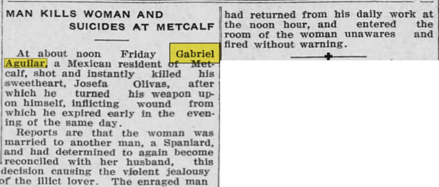 "Man Kills Woman and Suicides at Metcalf," The Copper Era and Morenci Leader, Clifton, Ariz