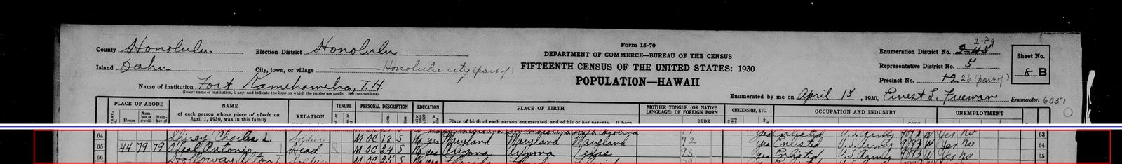 April 1930 census at Fort Kamehameha: single, age "24," born in Arizona