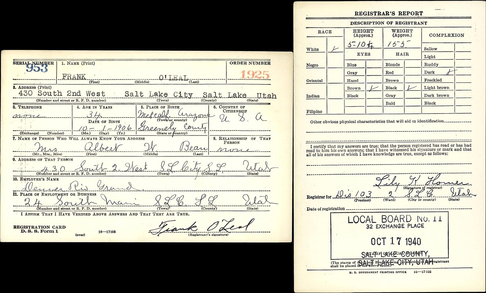Frank O'Leal's 1940 draft card, Salt Lake City, born "Metcalf, Greenely, Arizona