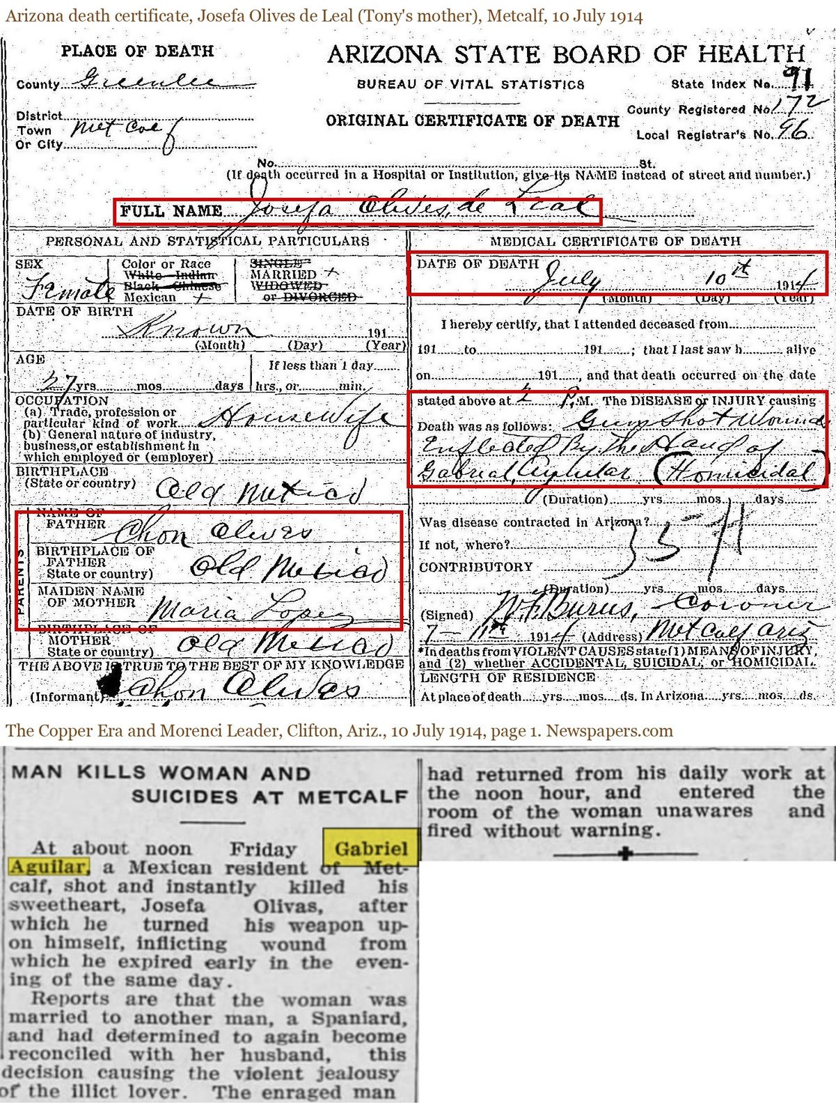 July 10, 1914: Josefa's death certificate ("Gun Shot Wound Inflicted By the Hand of Gabriel Aguilar (Homicidal)") and the Clifton paper's report the same day