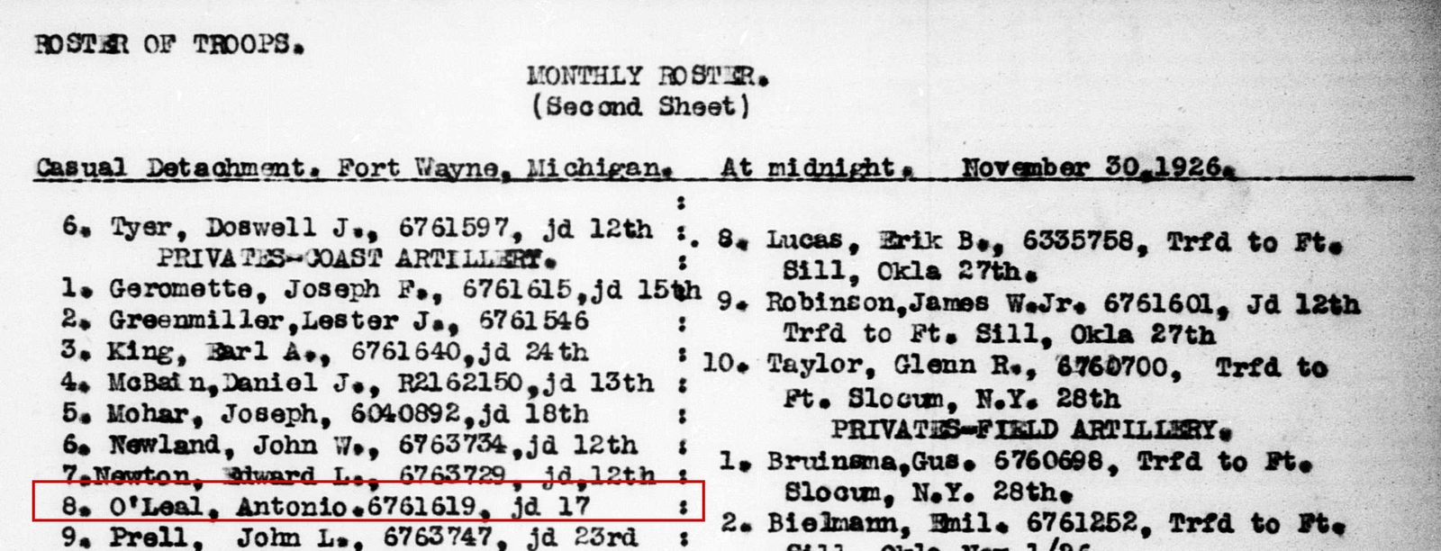 November 1926, his first Army record: "O'Leal, Antonio, 6761619, jd 17," Casual Detachment, Fort Wayne, Michigan
