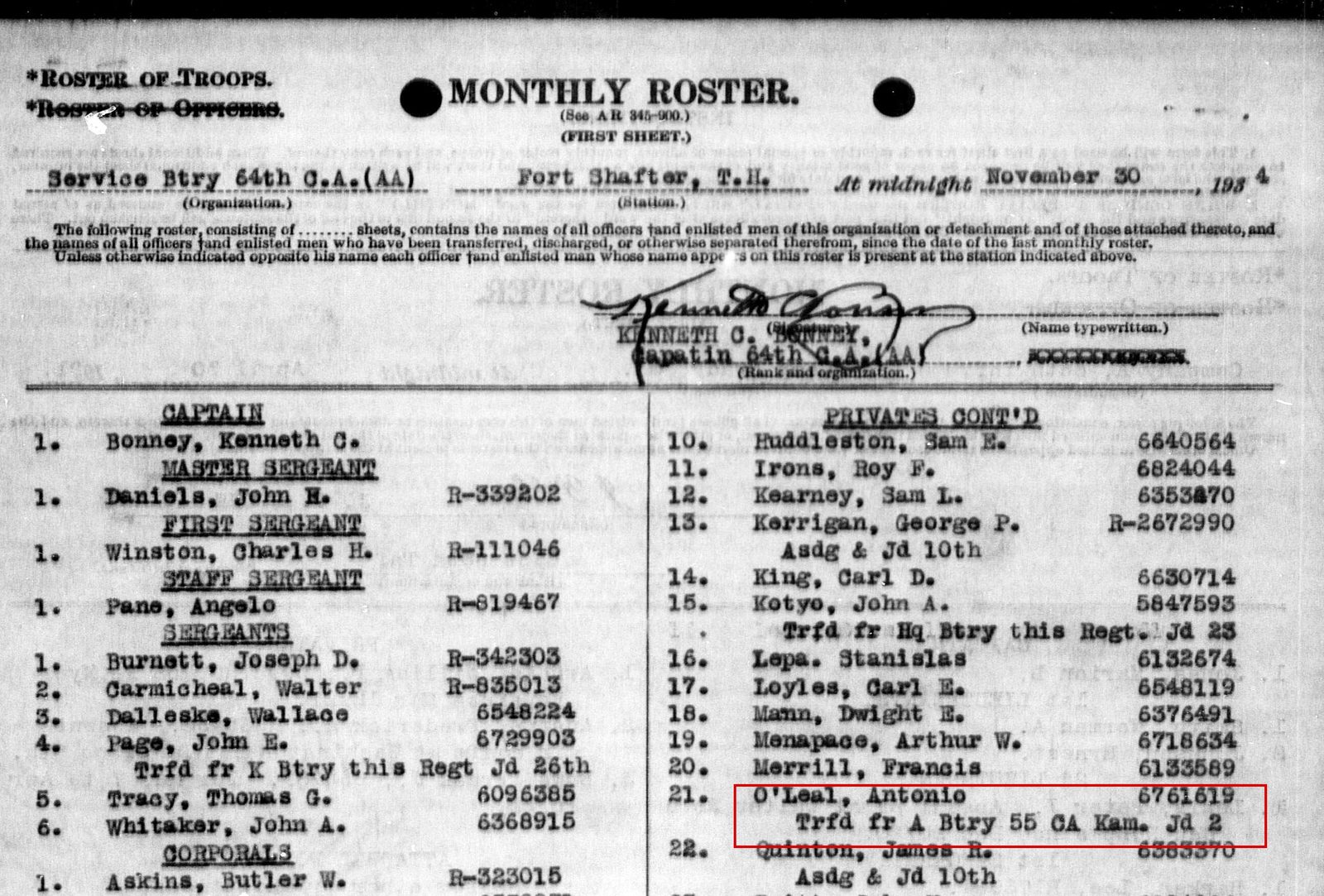 November 1934: back to private at the 64th Coast Artillery, Fort Shafter