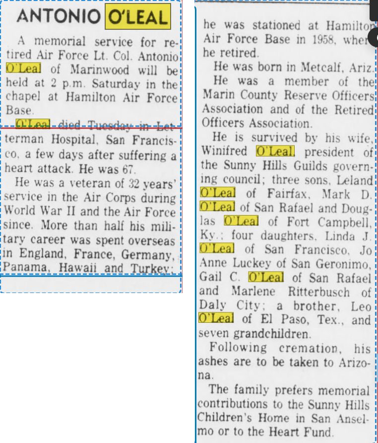 Tony's obituary, in two columns
