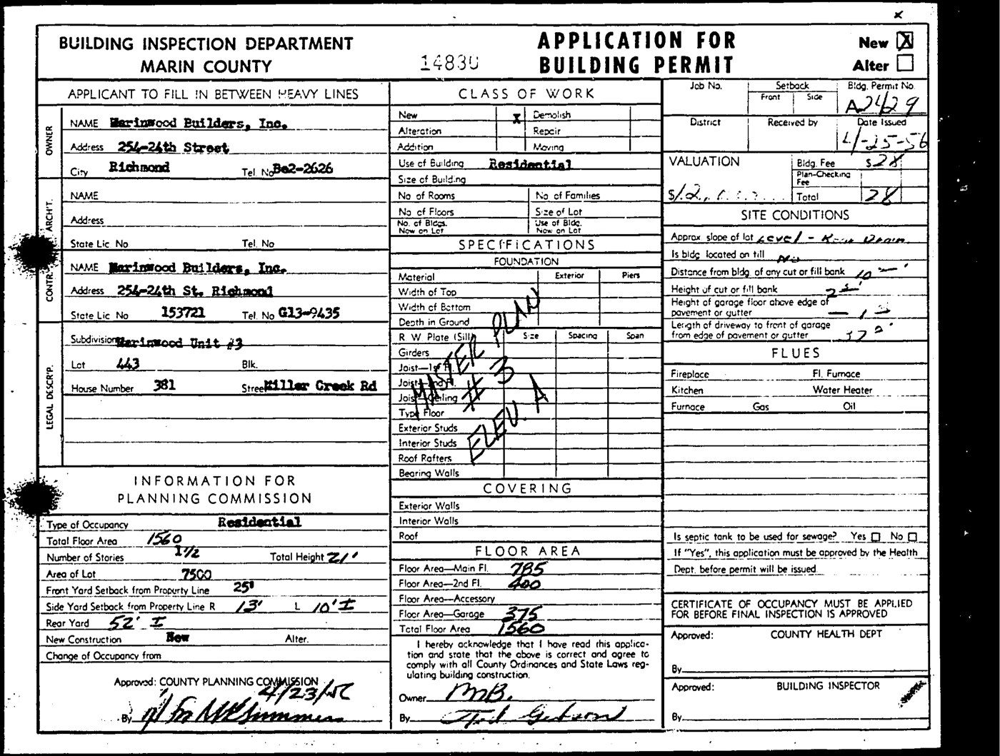 The original building permit, April 25, 1956: Marinwood Builders, Inc