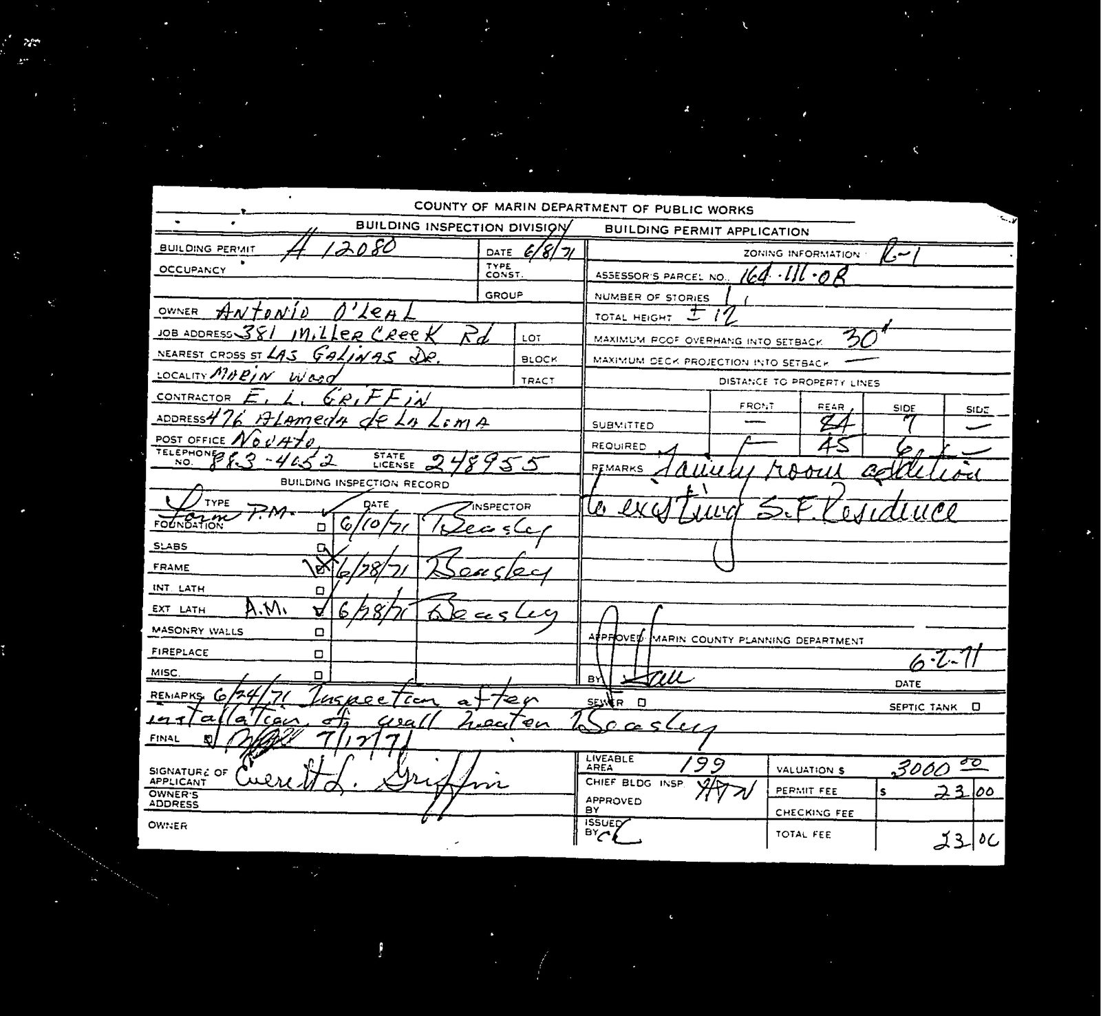 June 8, 1971: permit A12080 for a 199 sq ft family room, owner "Antonio O'Leal," contractor E
