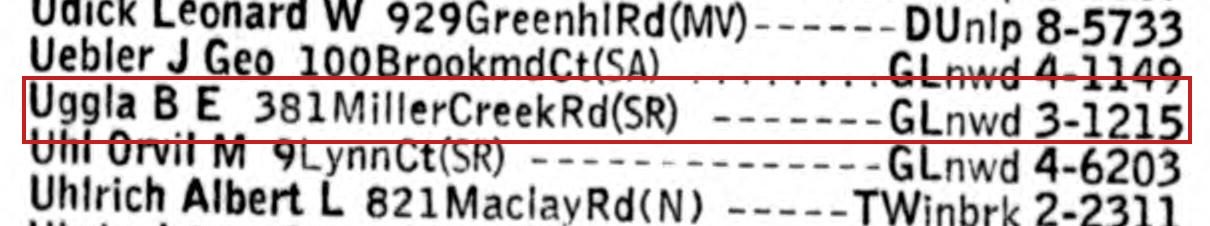 June 1957: "Uggla B E, 381 Miller Creek Rd," the first family listed at the house