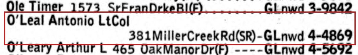 April 1959: "O'Leal Antonio LtCol, 381 Miller Creek Rd