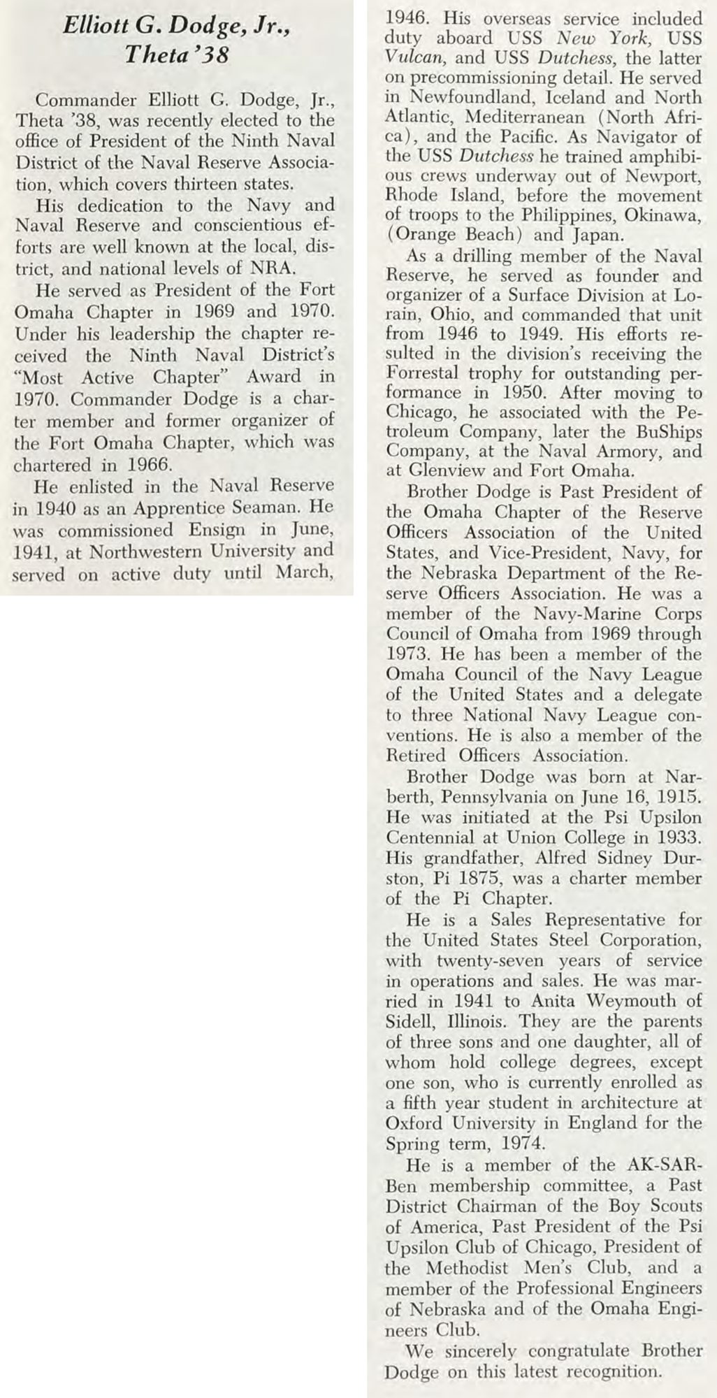 Elliott's profile in his college fraternity magazine, autumn 1973