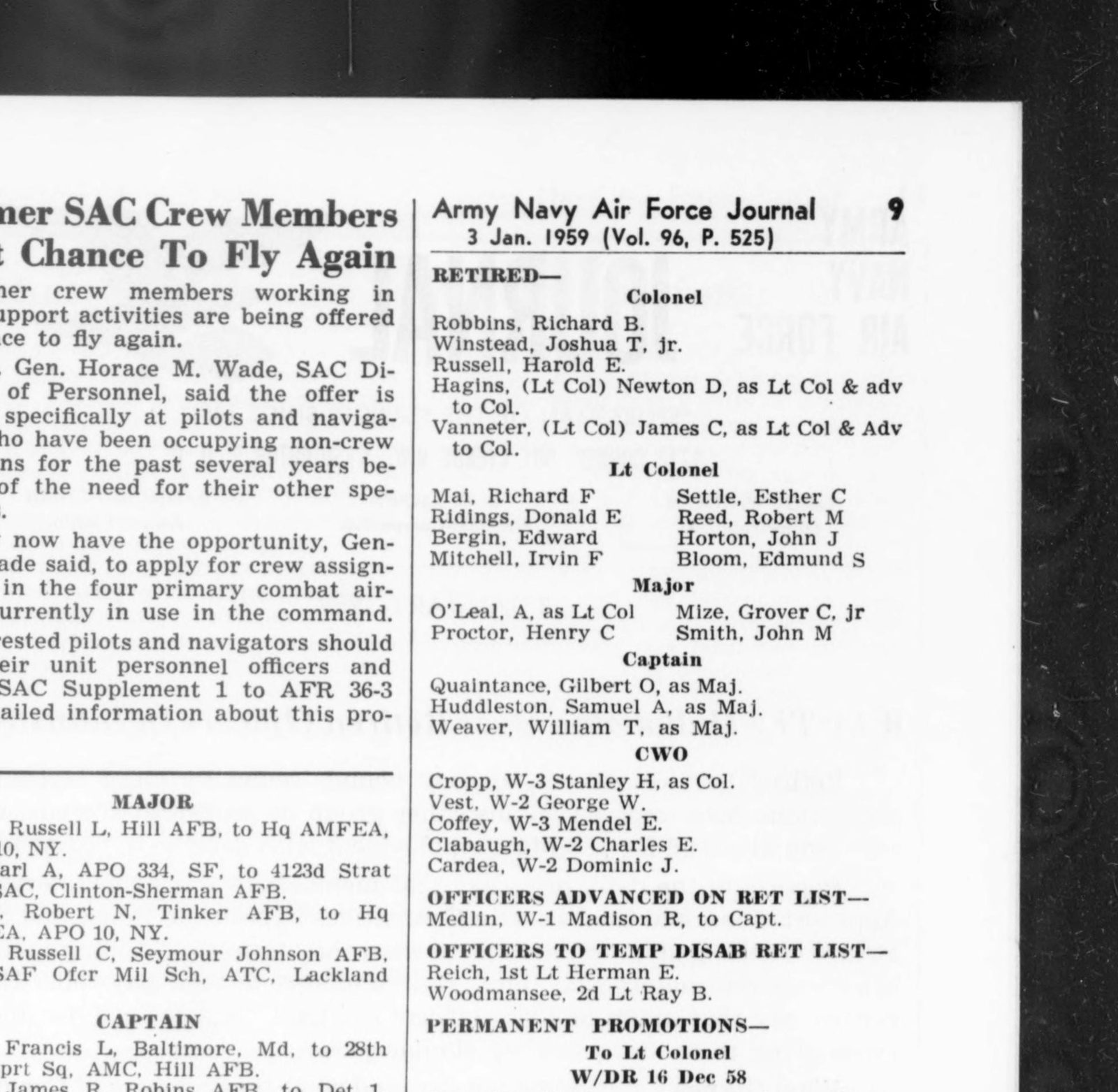 January 3, 1959: "O'Leal, A, as Lt Col" among the retiring officers