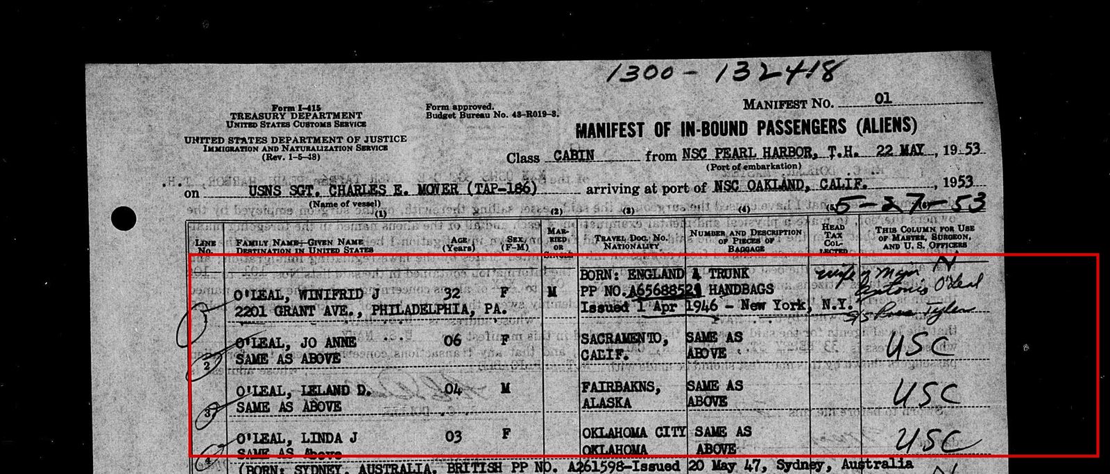 May 1953, Pearl Harbor to Oakland: Winifrid J